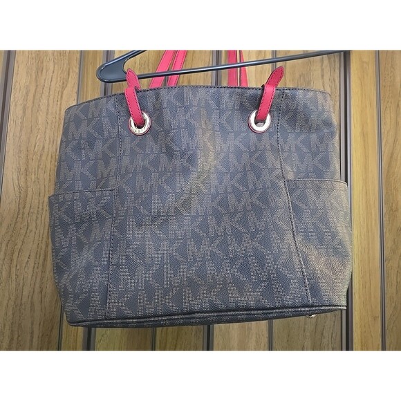 Michael Kors MK Jet Set Signature Brown Magenta Straps Purse Handbag Tote Bag - Picture 6 of 10